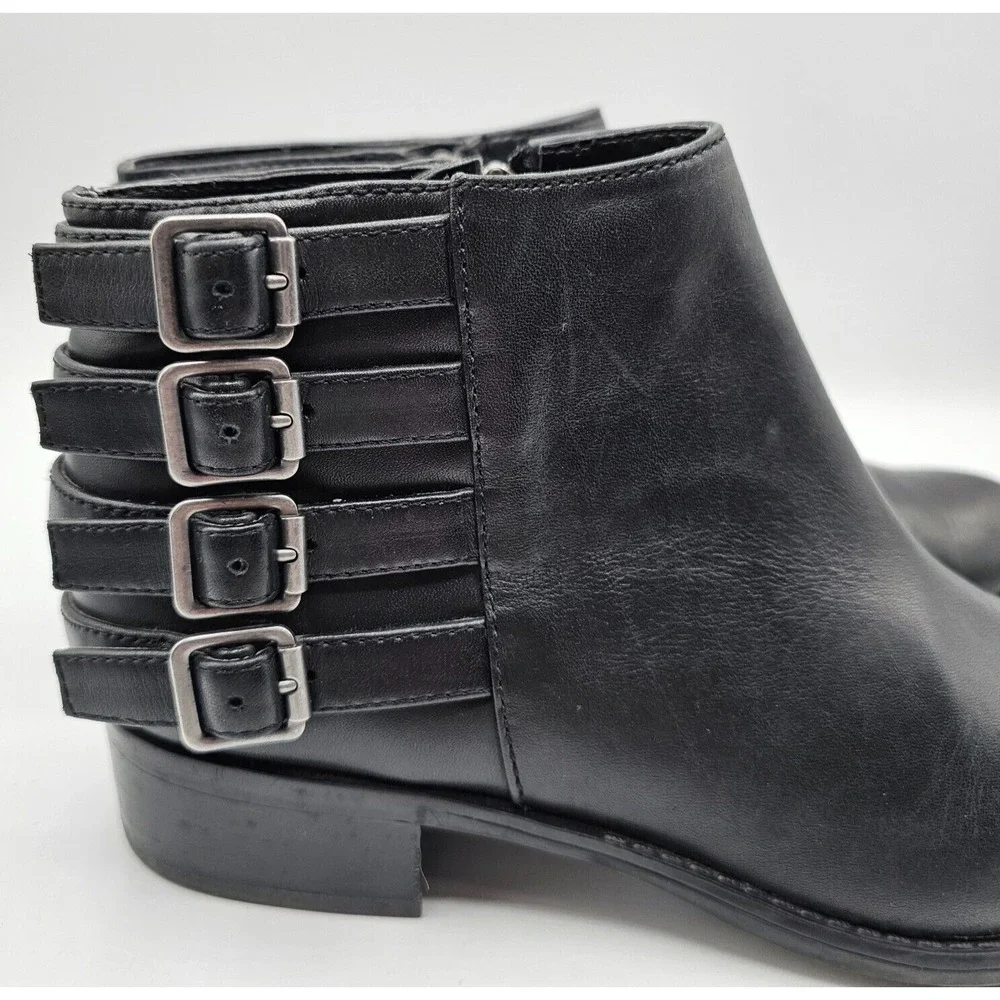 Franco Sarto Cyan Boots Women 6.5 Black Leather Ankle Booties Buckles Block Heel